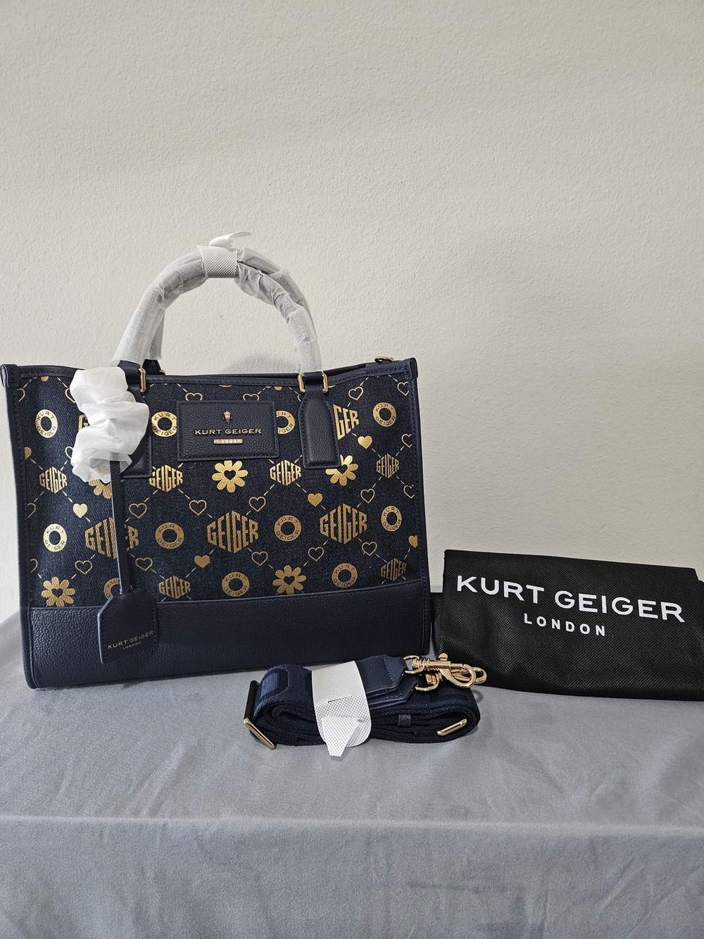 Kurt Geiger Navy & Gold Logo Tote Bag